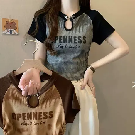大码美式复古正肩t恤短袖女夏季不规则辣妹短款胖mm遮肚上衣200斤商品大图