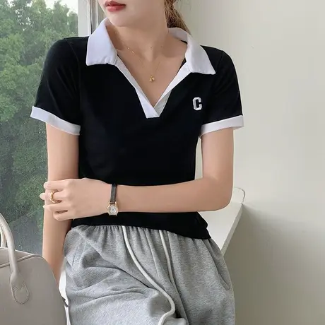 字母刺绣v领短袖t恤女夏纯棉宽松正肩polo衫夏季美式复古纯欲上衣图片