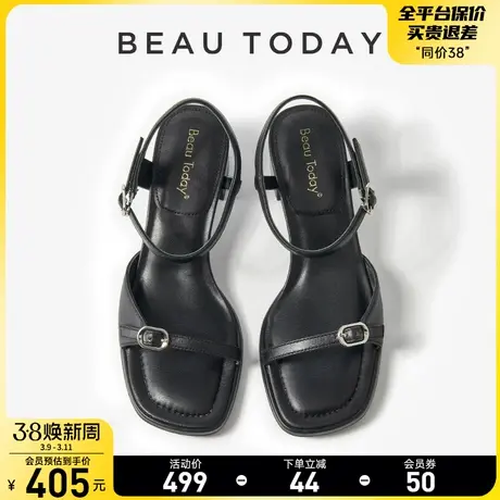 BeauToday一字带凉鞋女BT黑色高跟鞋女夏法式粗跟凉鞋女度假单鞋图片