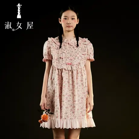 淑女屋旗舰店2022新款花花布公主娃娃领花边泡泡袖连衣裙图片