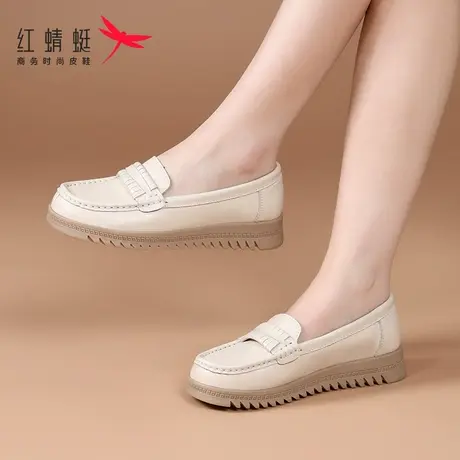 红蜻蜓女鞋2024春季新款一脚蹬懒人豆豆鞋女乐福单鞋真皮牛皮软底图片