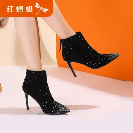 红蜻蜓女鞋2021年秋冬季真皮女踝靴细跟亮钻高跟磨砂女短靴女靴子商品大图