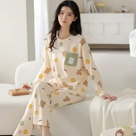 南极人纯棉睡衣女春秋夏季2023年新款带胸垫薄款长袖家居服套装商品大图