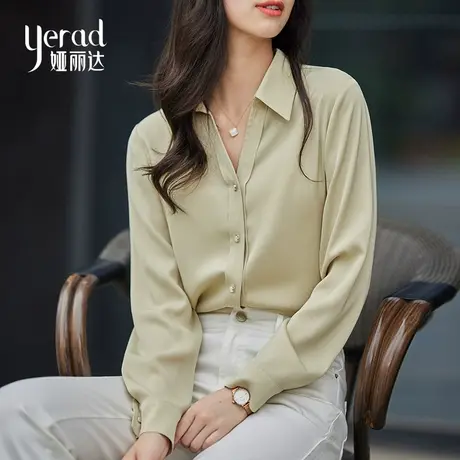 娅丽达女装V领衬衫女长袖2023秋季新款女士纯色雪纺衫叠穿衬衣女商品大图