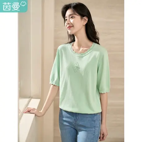 【商场同款】茵曼2023春女装新款时尚立体绣花圆领五分袖针织衫图片