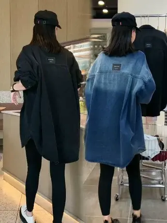 欧货美式复古渐变牛仔衬衫外套女春季慵懒风中长款衬衣小众上衣潮商品大图