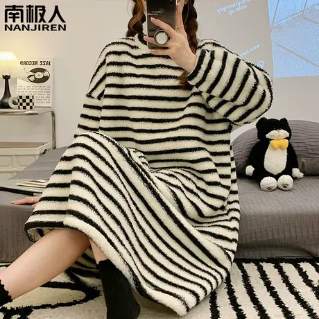 珊瑚绒睡裙女秋冬季女款2023新款孕妇加绒加厚黑白系睡衣女秋冬款图片