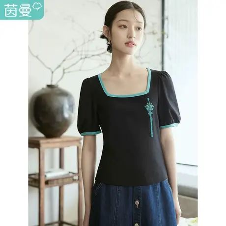 茵曼撞色锁骨方领灯笼袖T恤2023夏女装新款修身显瘦短袖小众上衣商品大图