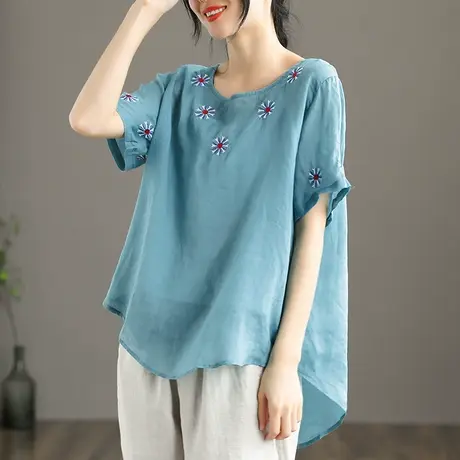 dza 大码苎麻上衣女士衬衫2022新款夏季棉麻短袖薄款绣花气质衬衣图片
