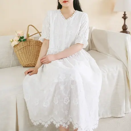 胖妹妹夏季2023新款法式轻婚纱立体花朵连衣裙加大码刺绣棉质长裙商品大图