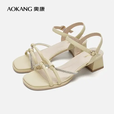 【门店发货】奥康女鞋 新款时尚一字带闪耀水钻粗跟凉鞋图片