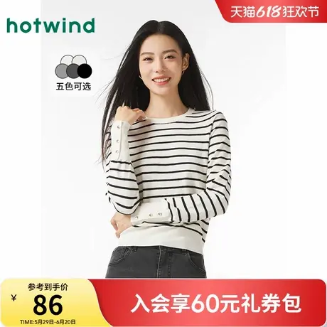 热风圆领打底衫2025年春季新款女士修身针织衫黑色条纹内搭毛衣女商品大图