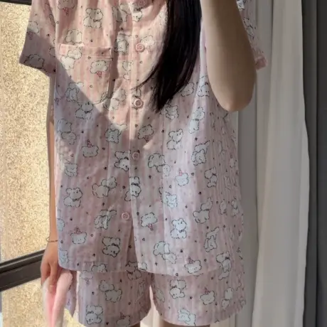 新品！纯棉双层纱粉条纹线条狗狗翻领短袖短裤套装可爱甜美可外穿商品大图