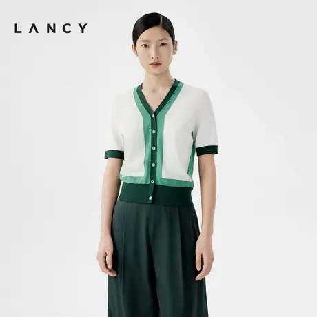 LANCY/朗姿2024夏季新款v领撞色薄款针织开衫时尚短袖别致上衣女商品大图