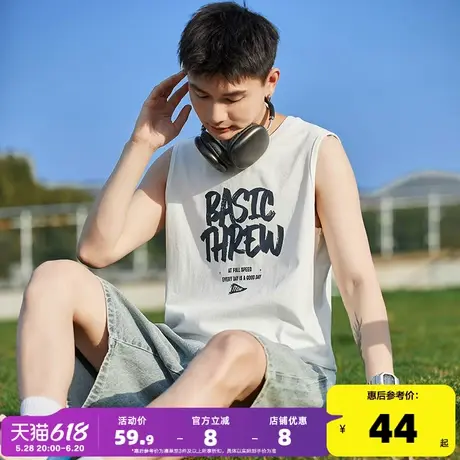 唐狮2024夏季新款男背心坎肩无袖T恤印花圆领学生纯棉上衣白色潮t商品大图
