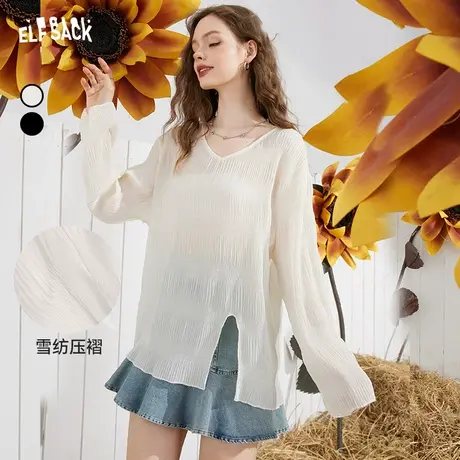 妖精的口袋宽松v领蕾丝衫女2023秋季新款防晒显瘦雪纺气质上衣潮图片