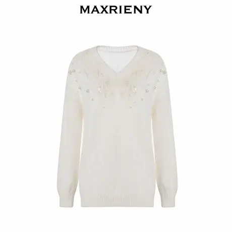 【奥莱】MAXRIENY甜美风花边刺绣钉珠毛衫v领廓形上衣商品大图