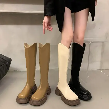 长筒靴女厚底v口2023年新款高筒显瘦百搭骑士靴粗跟复古法式靴子图片