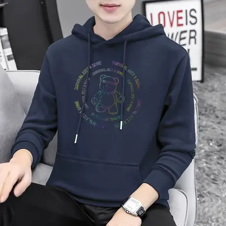 男士卫衣2023新款秋冬季加绒加厚长袖宽松带帽衫潮牌小熊连帽外套商品大图