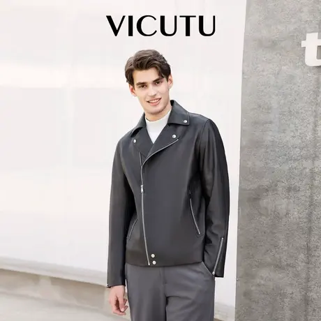 VICUTU威可多男士皮衣舒适羊皮革时尚翻领机车服休闲百搭秋季外套图片