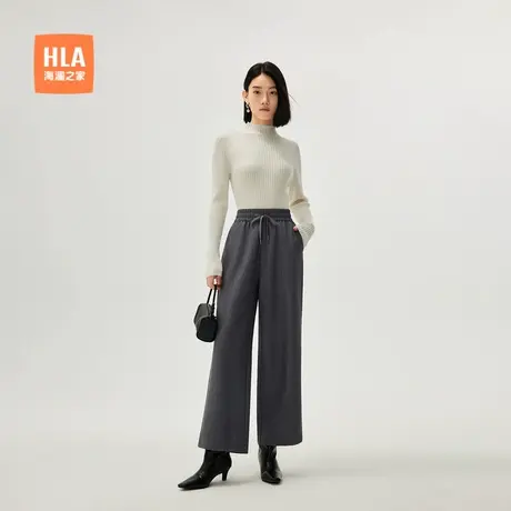 HLA/海澜之家商务宽松休闲裤秋季新款含麻松紧腰直筒微弹裤子女装商品大图