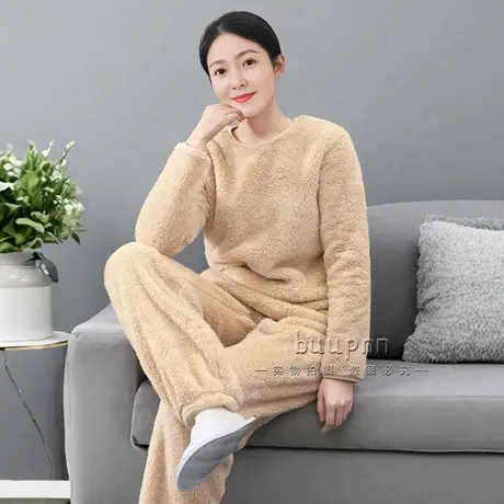 珊瑚绒居家睡衣套装加绒圆领套头上衣裤子加长束脚两件套法兰绒商品大图