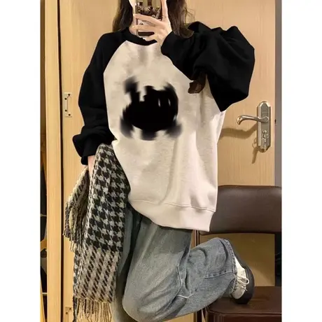 薄款秋装圆领卫衣女2023年新款宽松显瘦百搭原宿风撞色上衣外套潮图片