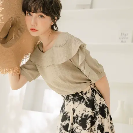 桔熊夏季通勤洋气小衫暗纹五分袖荷叶花边方领上衣女大码AB16929商品大图