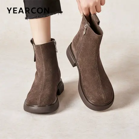 意尔康女鞋冬季休闲加绒短靴粗跟气质英伦显瘦复古及踝靴女士磨砂商品大图