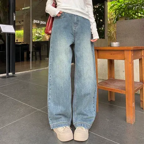 【尔给】早秋爆款洗水蓝阔腿牛仔裤女宽松显腿长显瘦垂坠感长裤商品大图