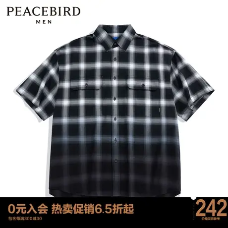 太平鸟男装 格纹渐变衬衣男夏季新款外穿式宽松翻领短袖衬衫图片