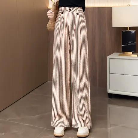 时尚条纹阔腿裤女夏季2025新款高腰宽松显瘦垂感休闲直筒裤子长裤图片