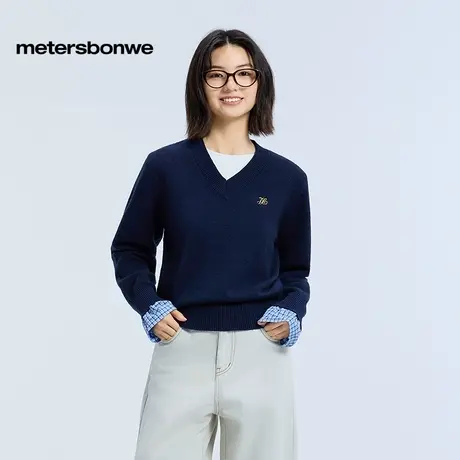 美特斯邦威毛衣女2024秋季新款潮流休闲V领假两件花边长袖毛衫女图片