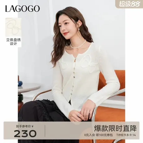 LAGOGO白色圆领百搭针织衫女拉谷谷2025年秋季新款蝴蝶结刺绣上衣商品大图