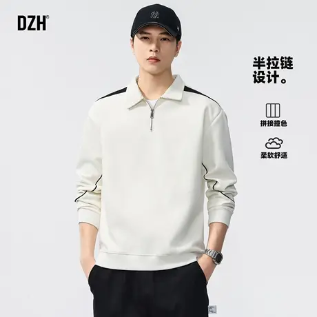 青少年polo衫半拉链卫衣男美式高街2025新款秋季白色上衣休闲外套商品大图