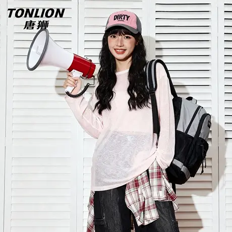 唐狮官方轻薄罩衫女2026新款春夏长袖t恤宽松慵懒小衫气质上衣VC图片