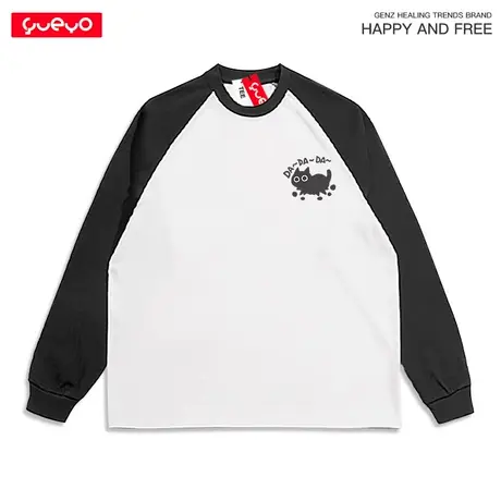 悦游 快跑抓挠黑猫 秋冬重磅纯棉300g拼色长袖T恤纯棉宽松男原创商品大图