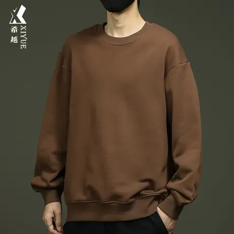 希越纯色圆领重磅卫衣男士秋冬季无帽套头内搭长袖打底衫宽松大码商品大图