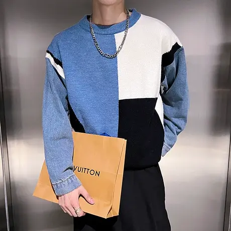 高级感撞色拼接设计男士毛衣秋冬爆款个性痞帅休闲内搭针织衫线衣商品大图