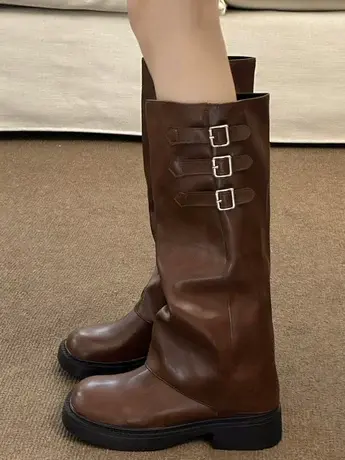 厚底复古裤管长筒骑士靴女鞋2023新款秋冬季棕色堆堆靴中筒长靴子商品大图