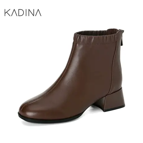 卡迪娜新款商务通勤女靴纯色中跟羊皮革时装靴KA222909商品大图