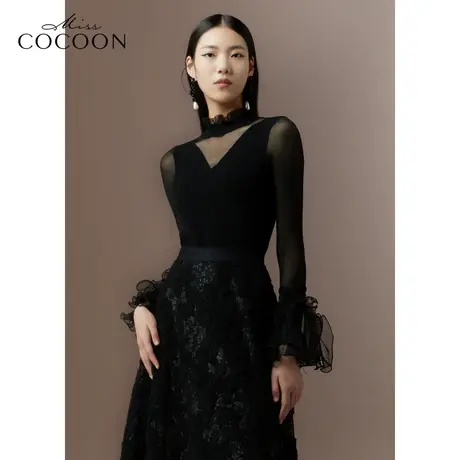 COCOON商场同款2023秋冬新款法式浪漫蕾丝网纱拼接绵羊毛针织衫商品大图