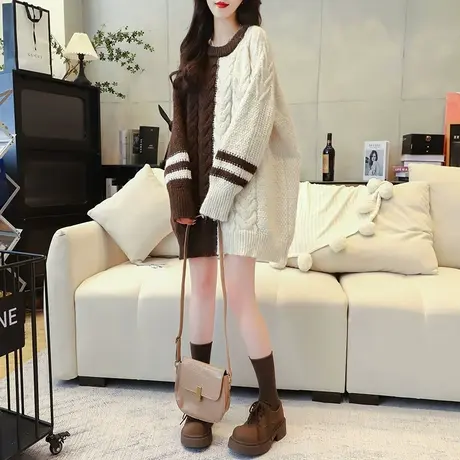 复古港味麻花毛衣女加厚中长款2023新款秋冬季宽松慵懒风针织外套商品大图