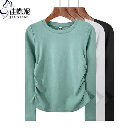 秋冬新款圆领修身显瘦褶皱纯欲纯棉纯色长袖体恤上衣内搭女打底衫商品大图