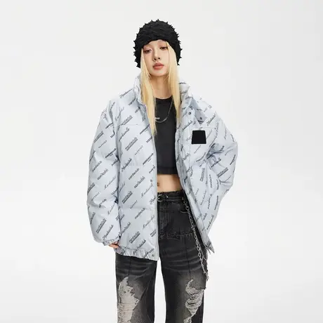 潮牌满印立领棉服女冬季加厚外套2023新款街头复古面包服宽松棉衣商品大图