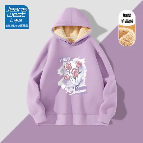 真维斯LIFE加绒连帽卫衣女秋冬2023新款加厚oversize大码外套潮C商品大图