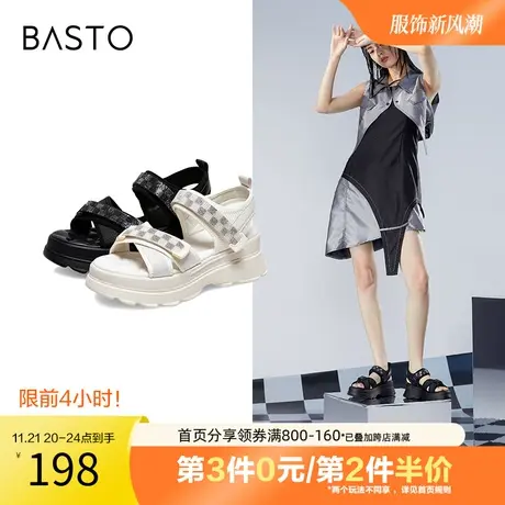 百思图夏季商场同款魔术贴厚底罗马沙滩运动凉鞋女凉鞋ZHT24BL2图片