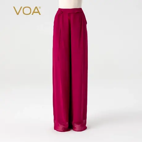 VOA桑蚕丝乔其酒红自然腰斜插袋不对称设计双层宽松真丝阔腿裤图片