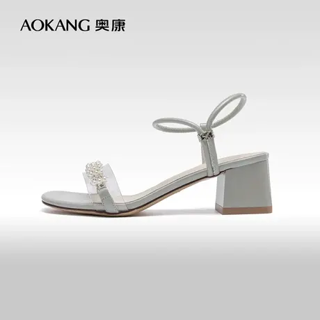 奥康女鞋 夏季气质优雅时尚露趾水钻纯色一字带女士粗跟女凉鞋潮商品大图