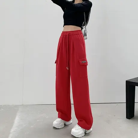 红色高腰抽绳美式工装裤女秋季新款休闲登山宽松显瘦阔腿运动裤子商品大图